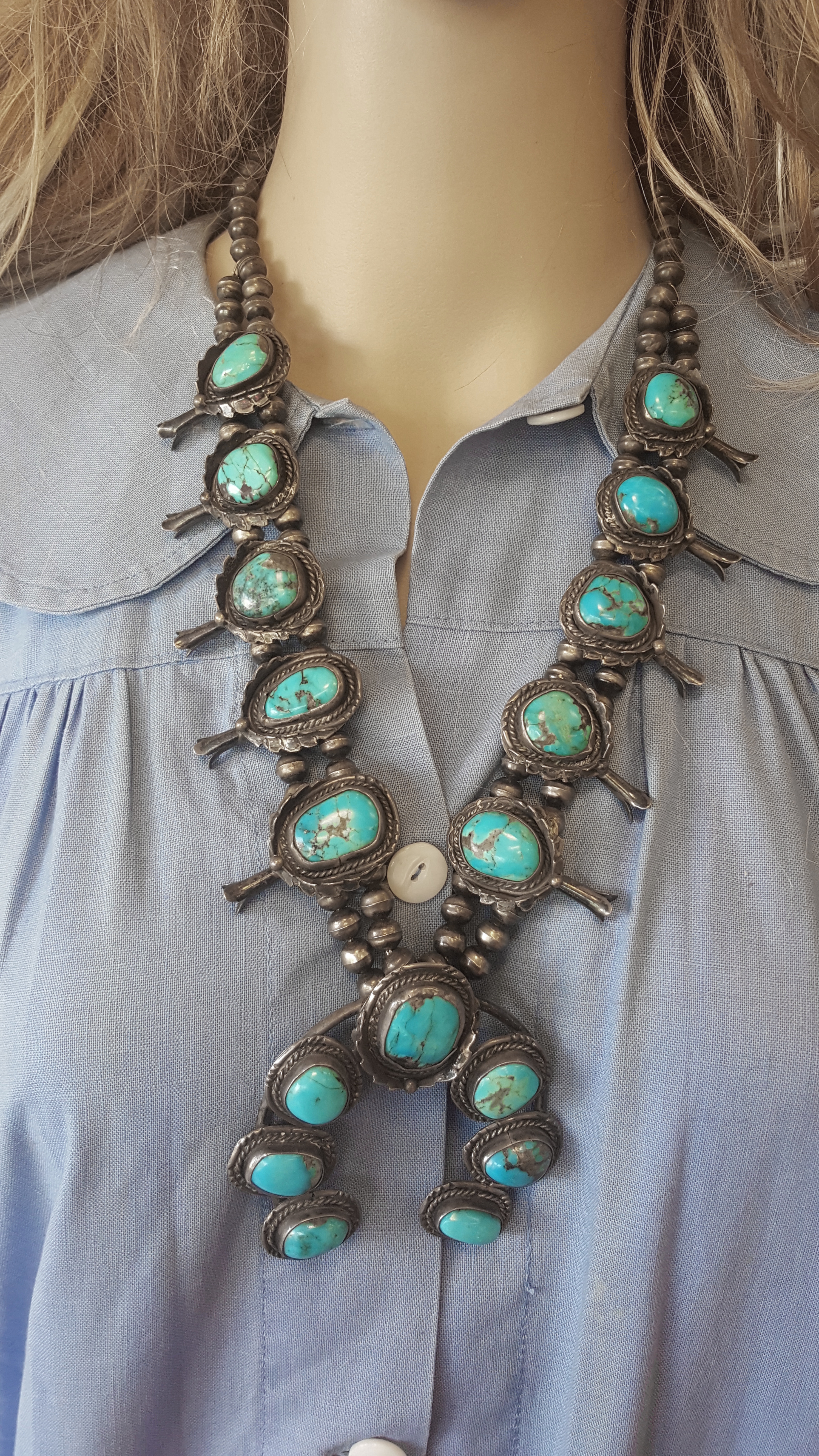 226 gr. Old Pawn Navajo Silver BisbeeTurquoise Squash Blossom Necklace ...