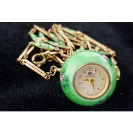 Vintage Green Bucherer 17 Jewels Swiss  pendant Necklace Watch Guilloche Enamel