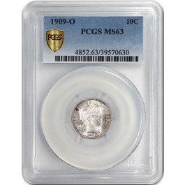 1909 O 10C Barber Dime Silver PCGS Secure Gold Shield MS63 Uncirculated Coin