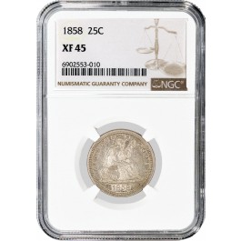 1858 25C Seated Liberty Quarter Silver NGC XF45 Extremely Fine Coin