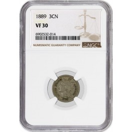 1889 3CN Three Cent Nickel NGC VF30 Very Fine Circulated Key Date Coin