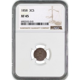 1858 3CS Three Cent Silver Trime NGC XF45 Extremely Fine Circulated Coin