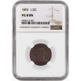 1803 1/2C Draped Bust Half Cent NGC VG8 BN Brown Very Good Coin