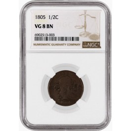 1805 1/2C Draped Bust Half Cent Large 5 Stems Cohen 4 C-4 NGC VG8 BN Brown Coin