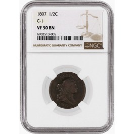 1807 1/2C Draped Bust Half Cent Cohen C-1 NGC VF30 BN Brown Very Fine Coin