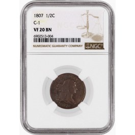 1807 1/2C Draped Bust Half Cent Cohen C-1 NGC VF20 BN Brown Very Fine Coin