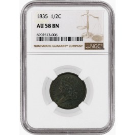 1835 1/2C Classic Head Half Cent NGC AU58 BN Brown About Uncirculated Coin