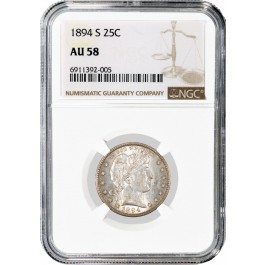 1894 S 25C Barber Quarter Silver NGC AU58 About Uncirculated Key Date Coin