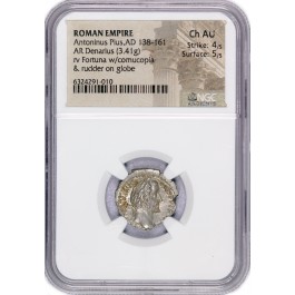 138-161 AD Roman Empire Antoninus Pius AR Denarius Silver NGC Choice AU 4/5 4/5