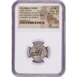 281-240 BC Calabria Taras AR Didrachm NGC Ancients Choice XF 4/5 3/5 Brushed