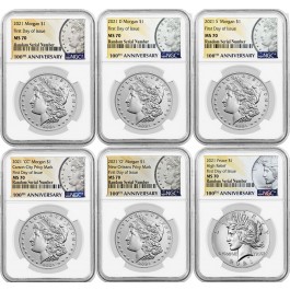 2021 $1 Morgan & Peace Silver Dollar 6 Coin Set NGC MS70 100th Anniversary FDI