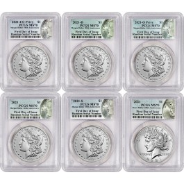 2021 $1 Morgan & Peace Silver Dollar 6 Coin Set PCGS MS70 100th Anniversary FDI