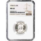 1934 D 25C Washington Quarter Silver NGC MS63 Brilliant Uncirculated Coin