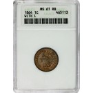 1864 1C Indian Head Cent Bronze With L On Ribbon ANACS MS61 RB Soapbox Holder