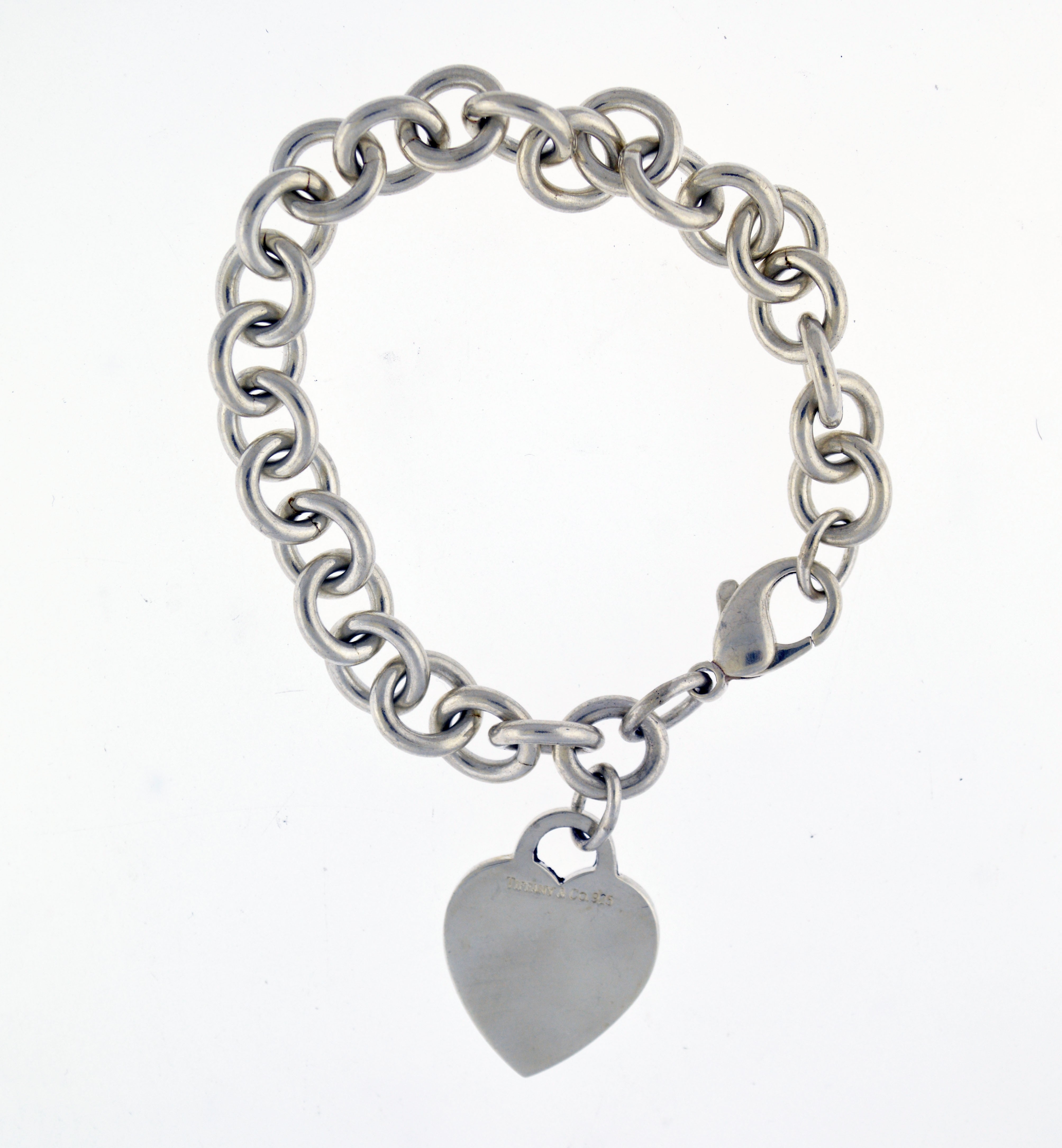 Tiffany & Co 925 Sterling Silver Heart Tag Charm Chain Link Bracelet 7. ...
